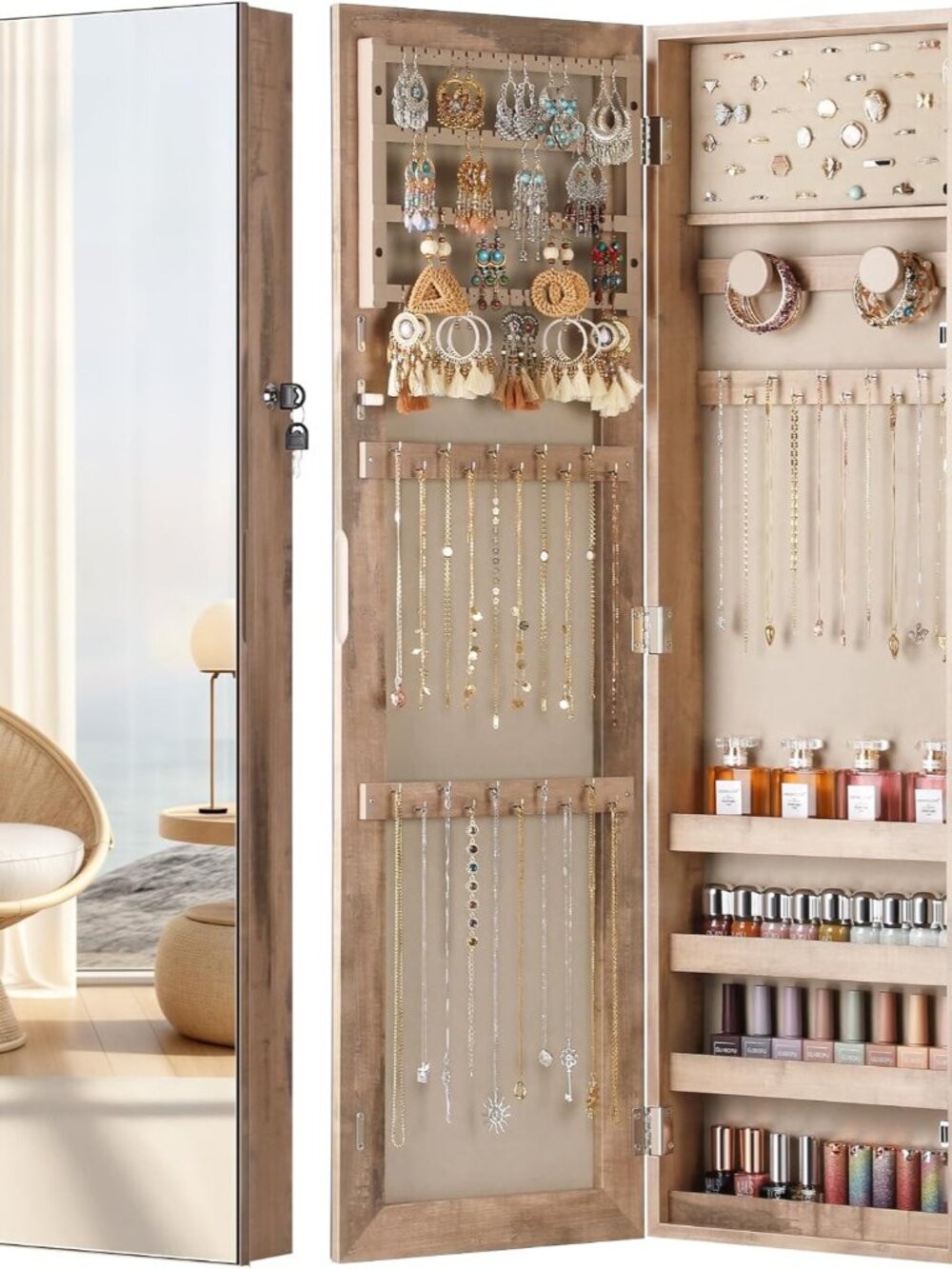 Mirror Jewelry Cabinet, Jewelry Armoire with Full Length Mirror,Mirror with Jewe - Picture 1 of 7